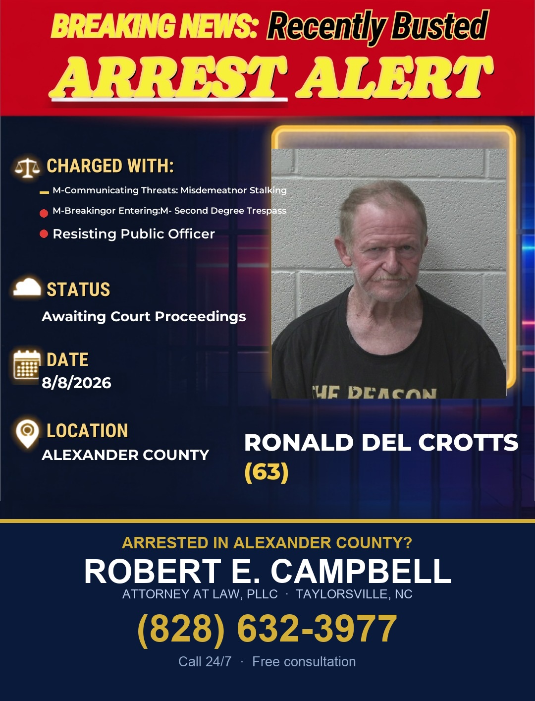 Sponsor advertisement on a Recently Busted Alexander County arrest card